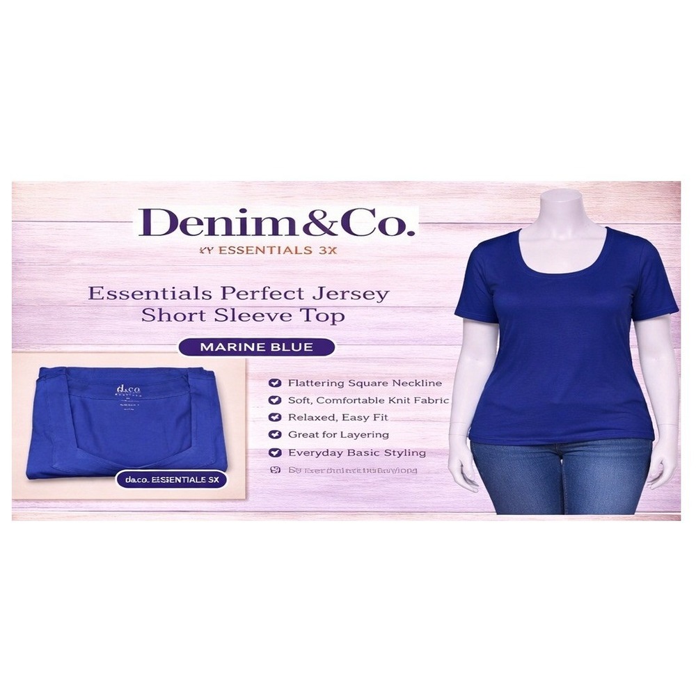 Denim & Co Womens 3X Essentials Perfect Jersey Short Sleeve Top‎ Marine Blue New